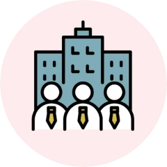 オフィスビルとそこに所属する社員・組織・企業概要を表すイラストアイコン