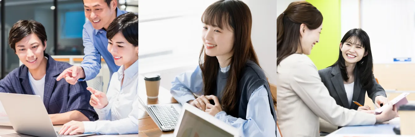 先輩からの指導、デスクワーク、社員同士の打ち合わせなど、活気あるオフィスの様子をまとめた3分割カット