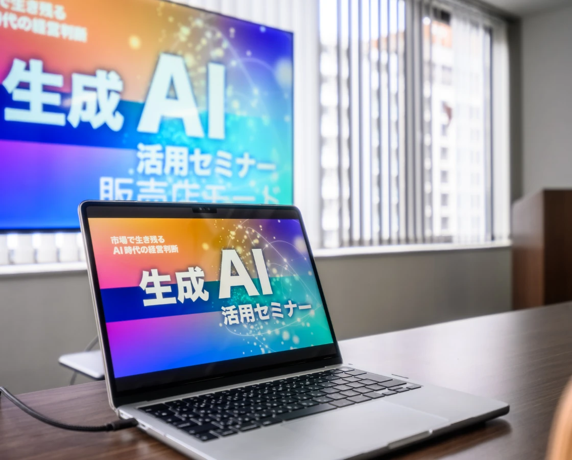 会議室のデスクに置かれた「生成AI活用セミナー」の画面が表示されているノートパソコンと大型モニター